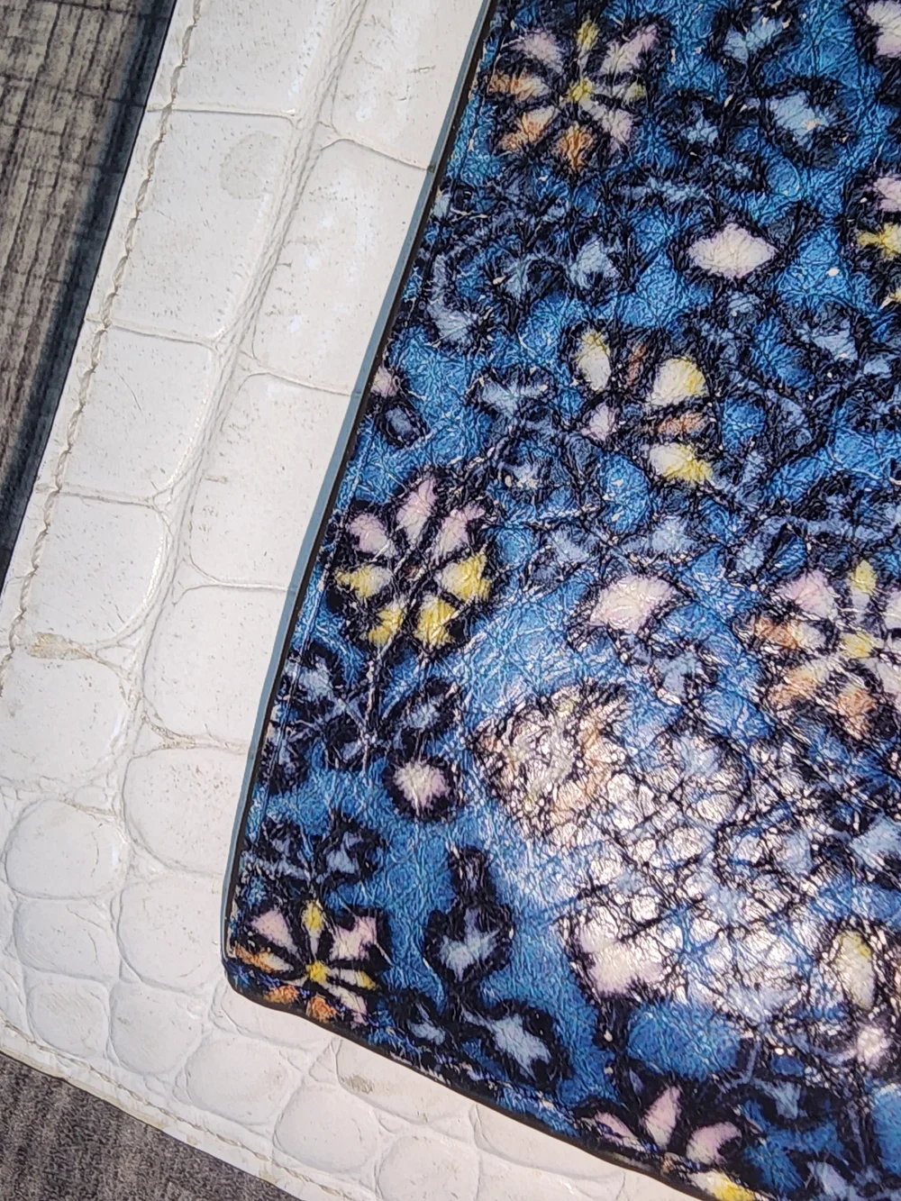 Tory Burch White Croc-Embossed Wallet with Navy Floral Trim
